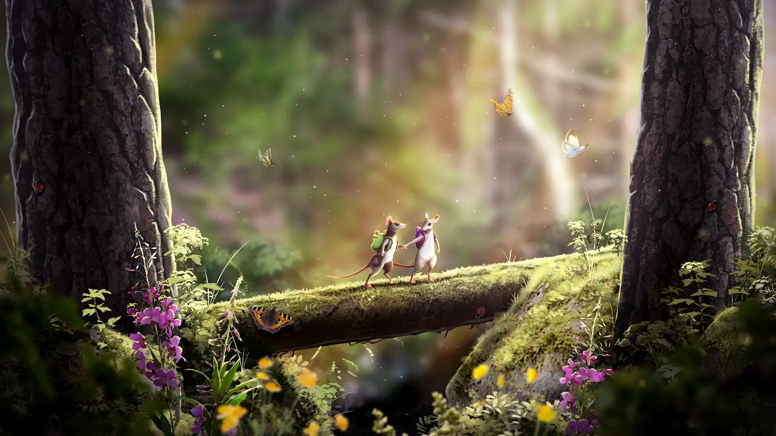 Two mice wearing magical frog backpacks walk together across a mossy log in Hela: Of Mice & Magic.